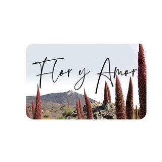 Flor y Amor e-gift card with red tajinaste flowers in front of Teide