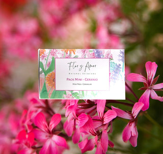 Geranium Mini Pack | Glow trial and travel size skincare by Flor y Amor with Geranium background.
