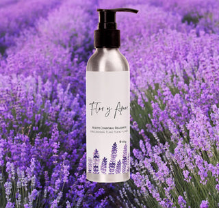 Relaxing Body Oil with Lavender, Ylang Ylang and Lemon 100ml with lavender flowers