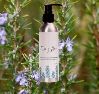 Reinvigorating Body Oil with Lavandin, Rosemary and Tea Tree with rosemary background