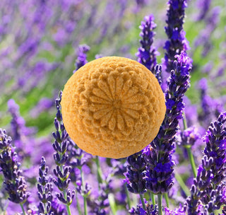 Lavender, Ylang Ylang and Lemon Bath Bomb Chrysanthemum 100g with lavender background
