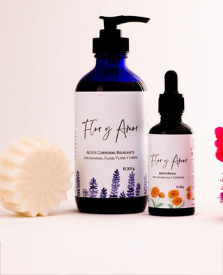 lavender bundle includes a lavender and ylang ylang soap, a face oil and Relaxing Lavender, Ylang Ylang and Lemon Body Oil