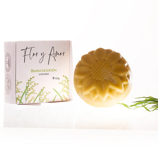 Lotion bar for Flor y Amor 110g in packaging.
