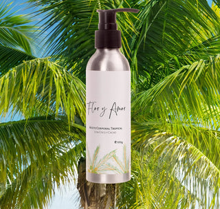 Pregnancy Safe Body Oil with Coconut and Cacao with palm trees in background.