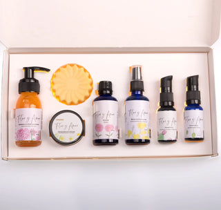 a box of our 30 day facial ritual from Flor y Amor with our sensitive face mask and face serum.