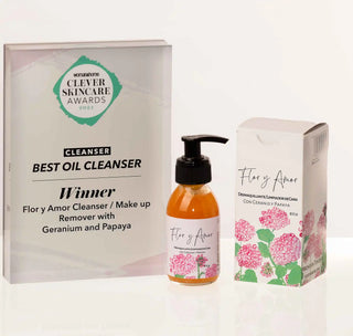 Woman and Home Award winning  best oil cleanser 2024. Our Cleanser / Make up Remover with Papaya and Geranium by Flor y Amor